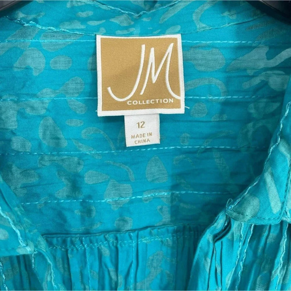 JM Collection Shirt Womens Sz 12 Blue Green Crepe Collared Button Up Long Sleeve - Picture 6 of 7